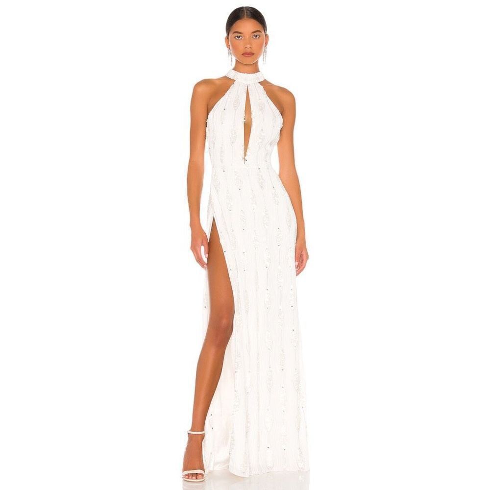 Retrofete White Sequin Halter Maxi Gown with Side Slit